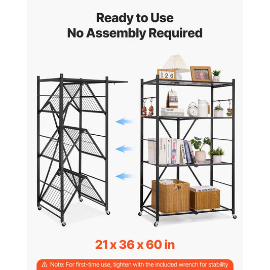 VEVOR Folding Storage Shelf with Wheels 4-Tier No Assembly Organizer Shelf Black