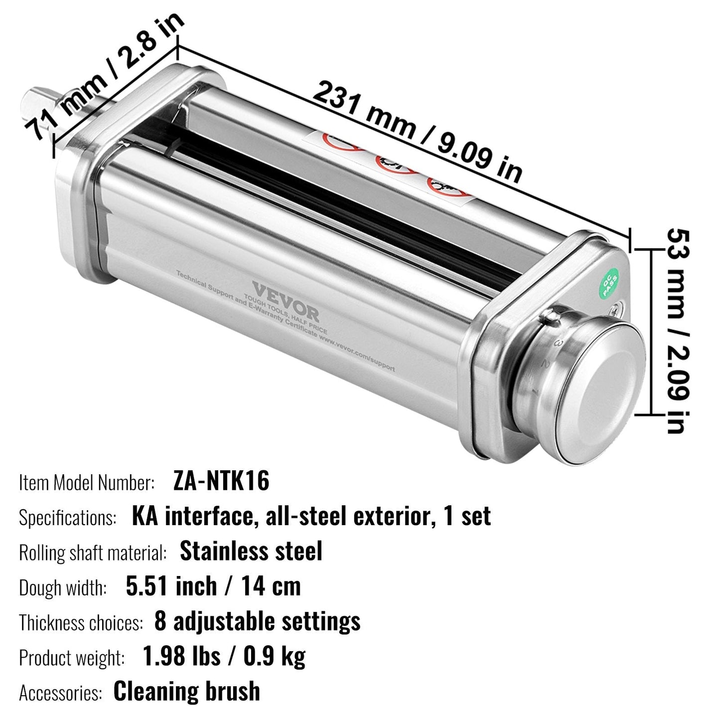Stainless Steel Pasta Attachment for KitchenAid Mixer, 0.14m Wide, 8 Settings