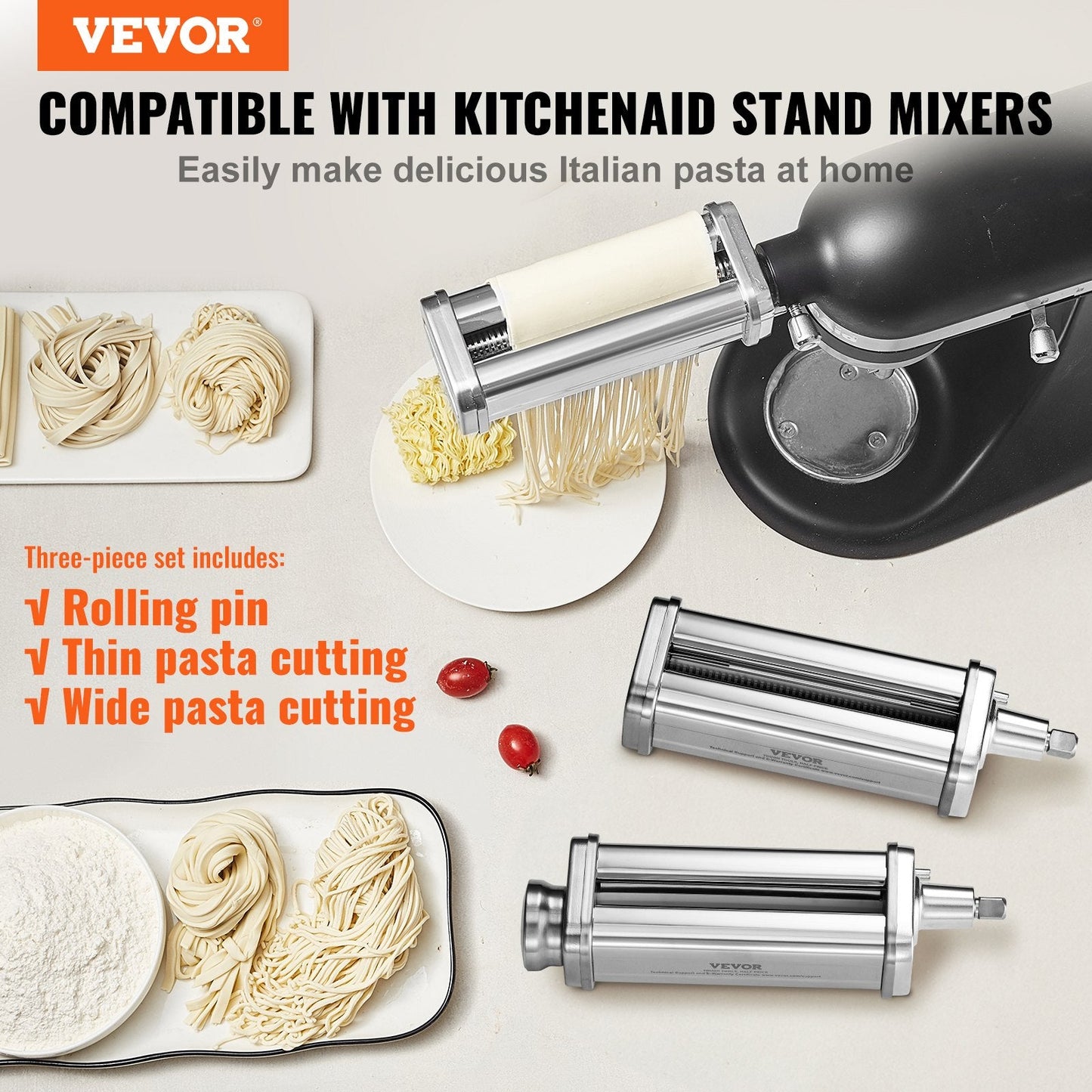 3-Piece Pasta Roller & Cutter Set for KitchenAid Mixer, Stainless Steel