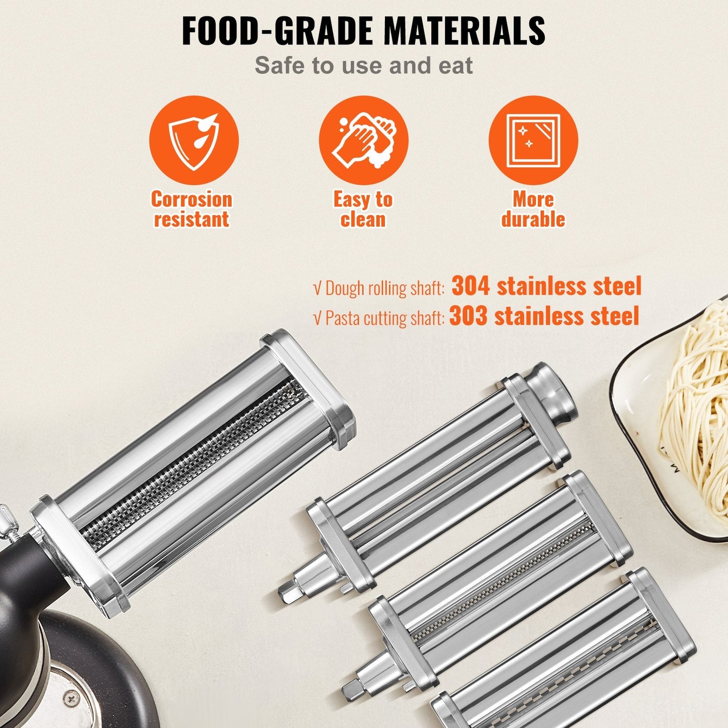 3-Piece Pasta Roller & Cutter Set for KitchenAid Mixer, Stainless Steel
