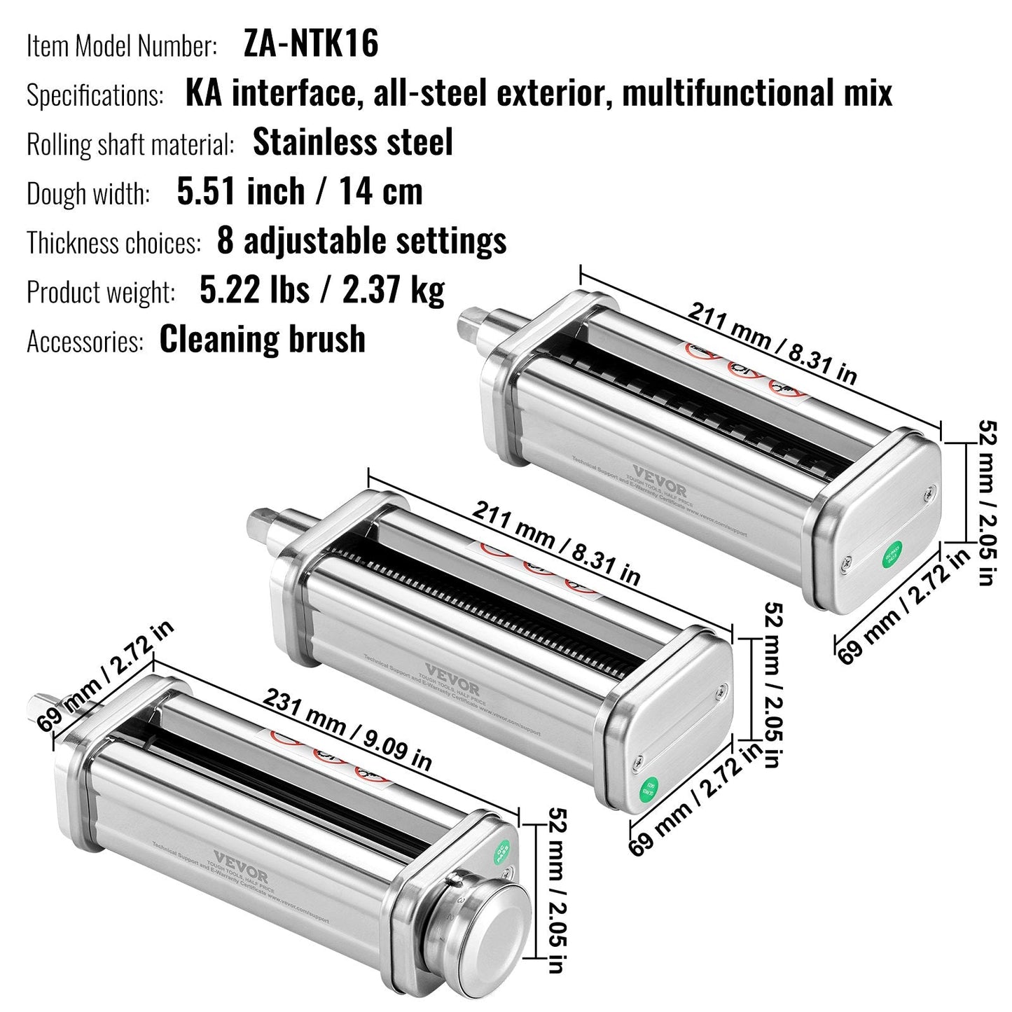3-Piece Pasta Roller & Cutter Set for KitchenAid Mixer, Stainless Steel
