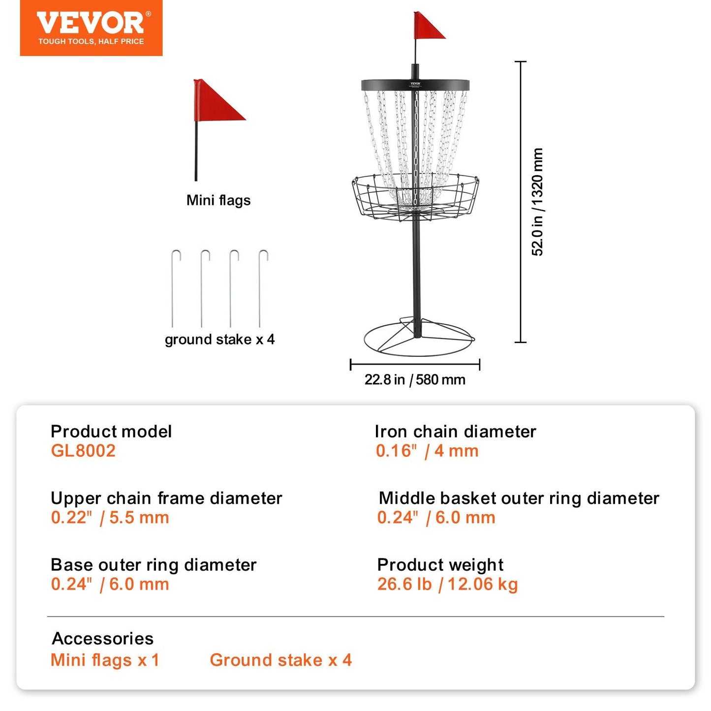Portable Disc Golf Basket with 24 Chains, Black Steel, 1.32m Tall, 12.06 kg