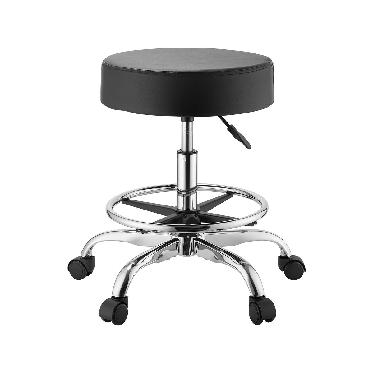 Rolling Stool with Wheels Footrest, 226.8kg Weight Capacity, Height Adjustable, Thick Cushion Ergonomic PU Leather Seat, 360° Swivel Round Rolling Stool Chair for Salon, Clinic, Medical, Black