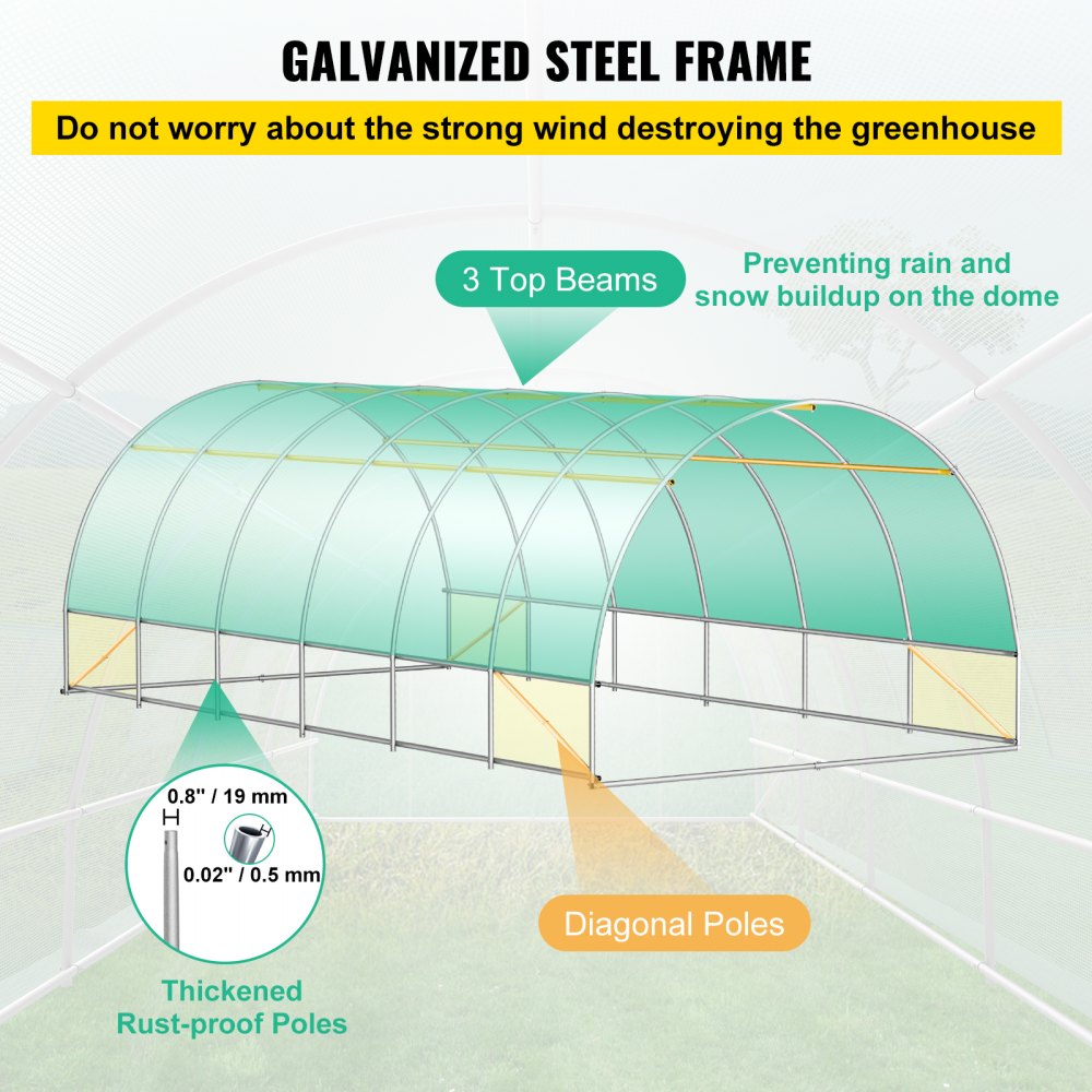VEVOR Walk-in Tunnel Greenhouse Galvanized Frame Waterproof Cover 20x10x7 ft