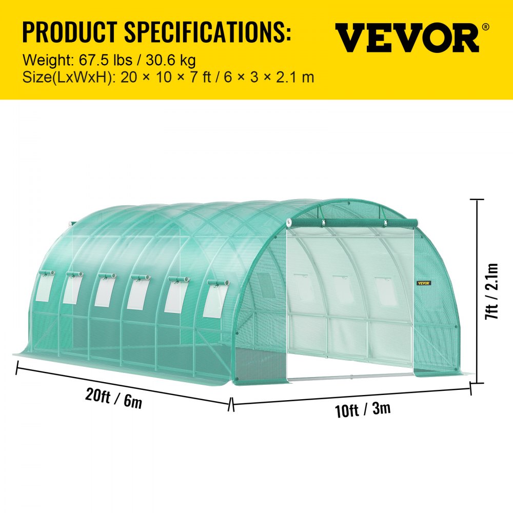 VEVOR Walk-in Tunnel Greenhouse Galvanized Frame Waterproof Cover 20x10x7 ft