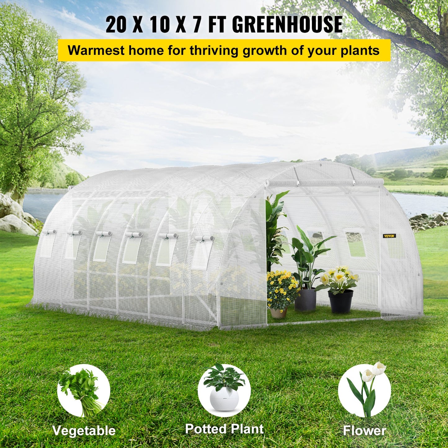 VEVOR Walk-in Tunnel Greenhouse Galvanized Frame Waterproof Cover 20x10x7 ft