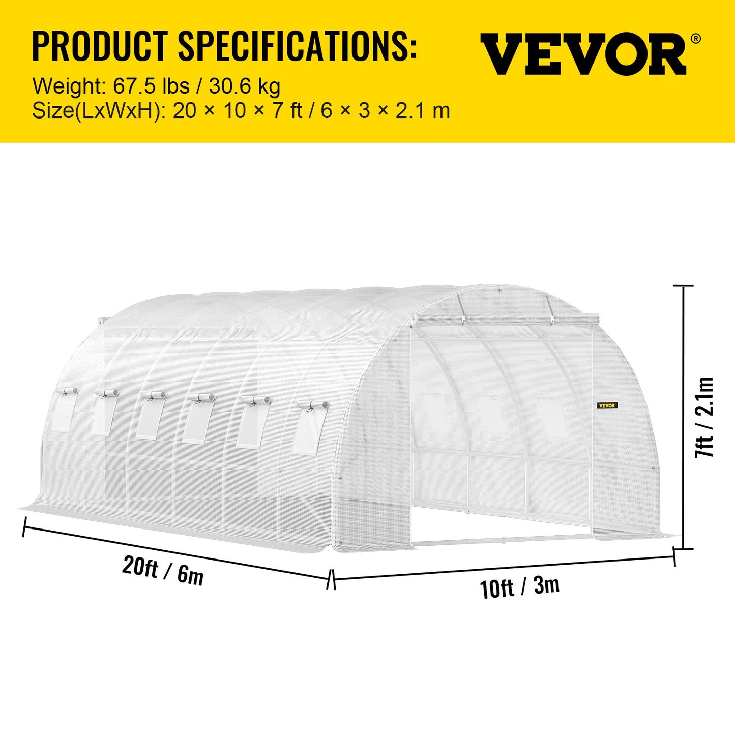 VEVOR Walk-in Tunnel Greenhouse Galvanized Frame Waterproof Cover 20x10x7 ft