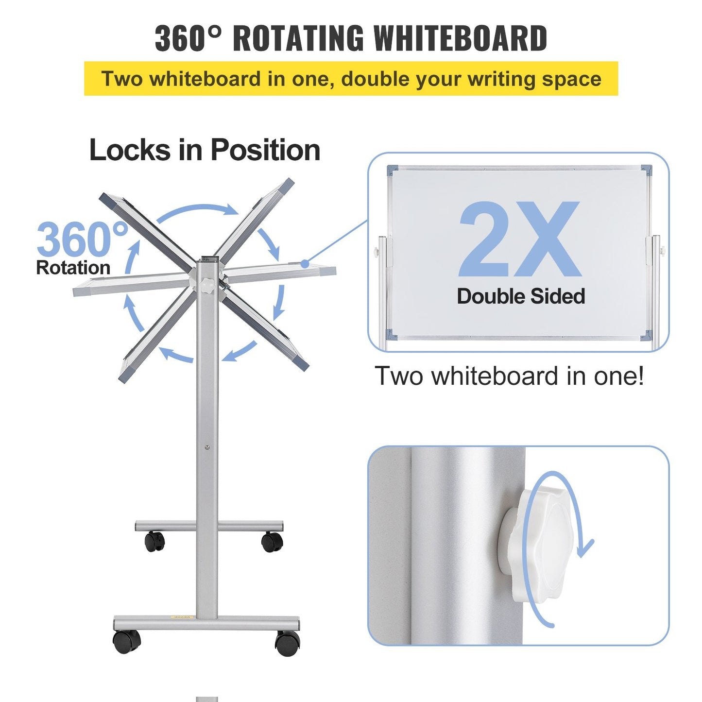 Mobile Double-Sided Magnetic Whiteboard with Stand, 60 x 90 cm, Adjustable Height