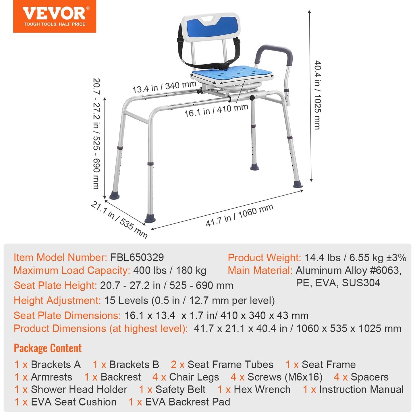 Sliding Tub Transfer Bench with Swivel Seat, 180 kg Capacity, Adjustable Height