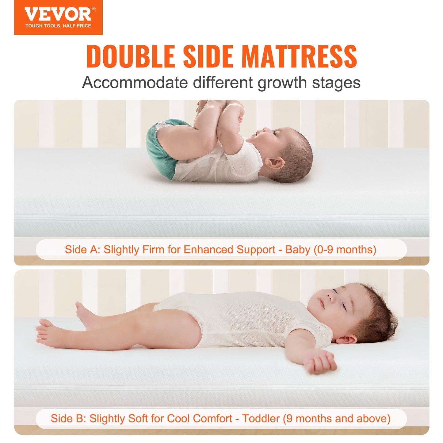 VEVOR Crib Mattress, Two-sided Breathable Toddler Mattress of Memory Foam, Baby