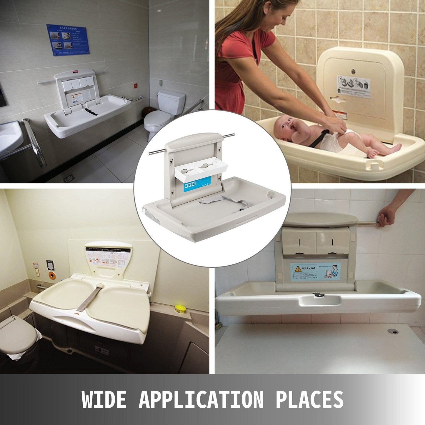 Wall-Mounted Baby Changing Station, Foldable with Safety Belt, Gray, HDPE