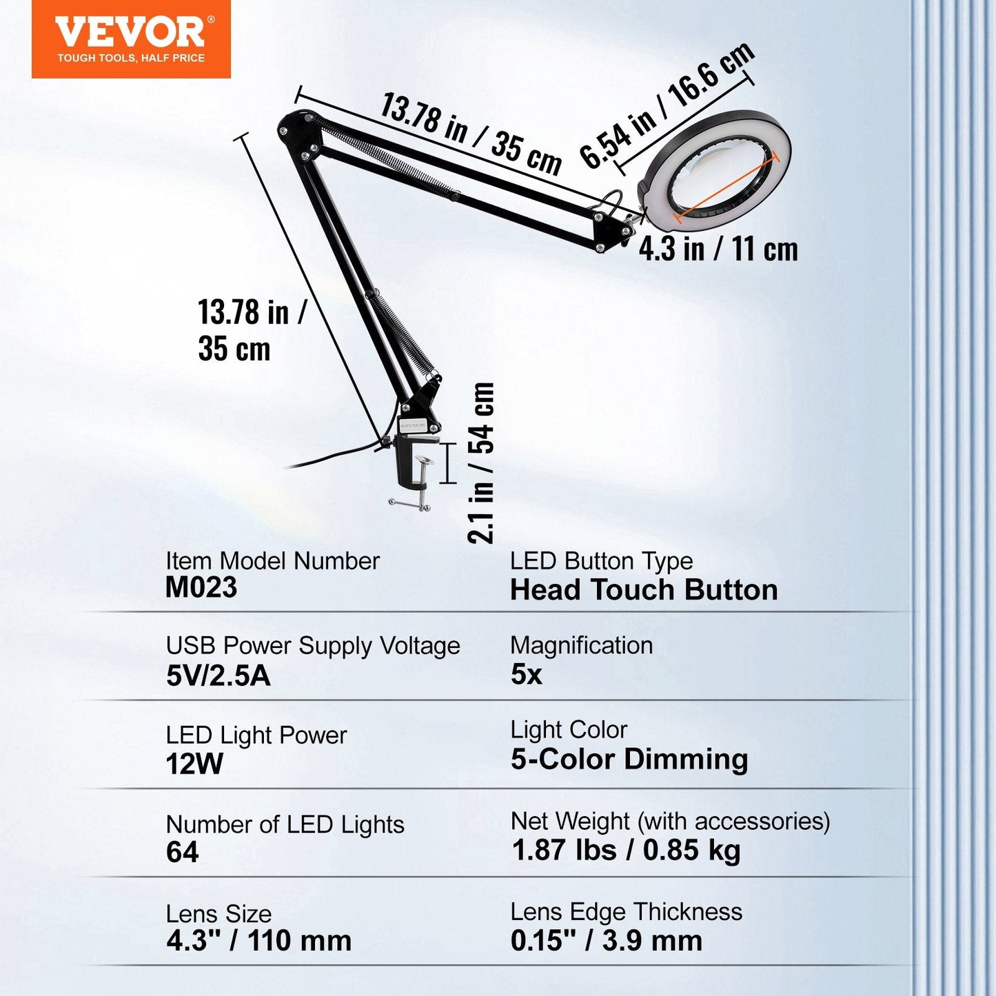 Adjustable LED Magnifying Lamp with 5X Glass Lens and Clamp, 0.85 kg