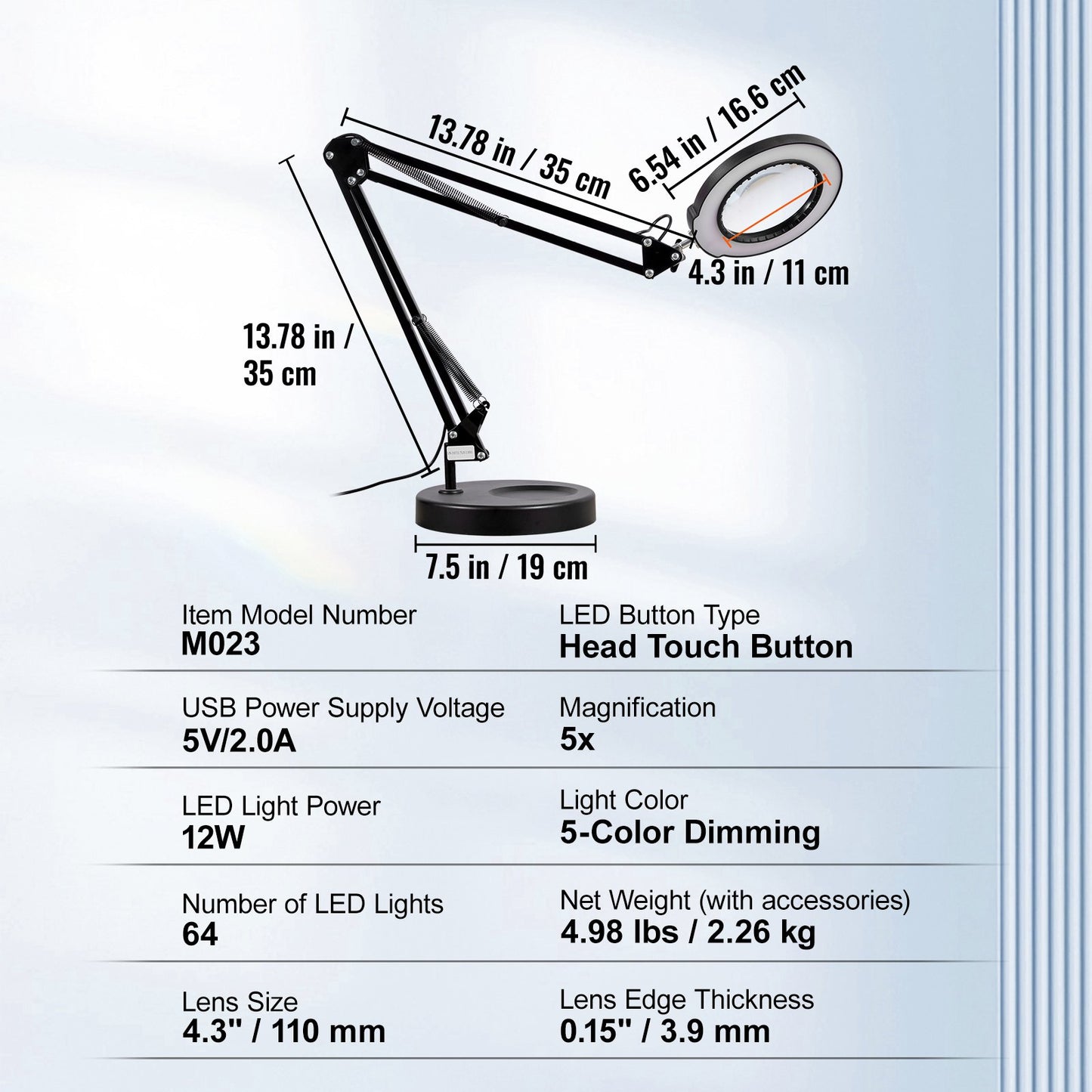 VEVOR Magnifying Glass with Light and Stand, 5X Magnifying Lamp, 4.3" Glass Lens,