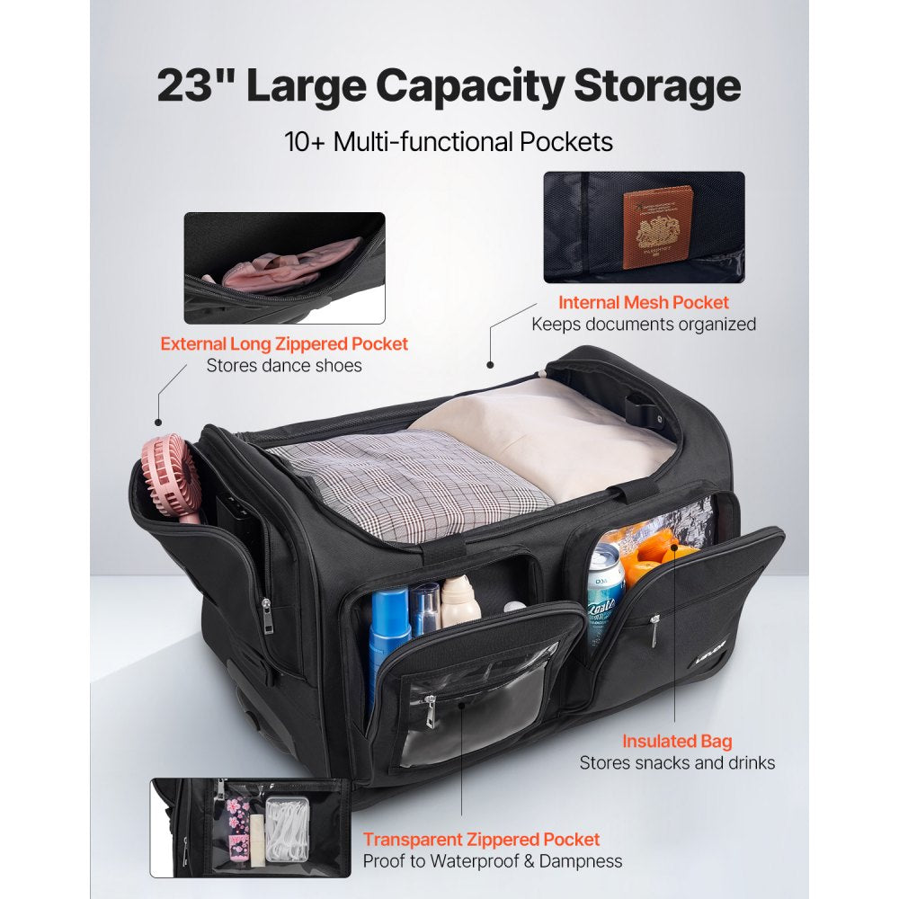 VEVOR 23 Inch Dance Bag with Garment Rack Rolling Dance Duffle for Travel Black