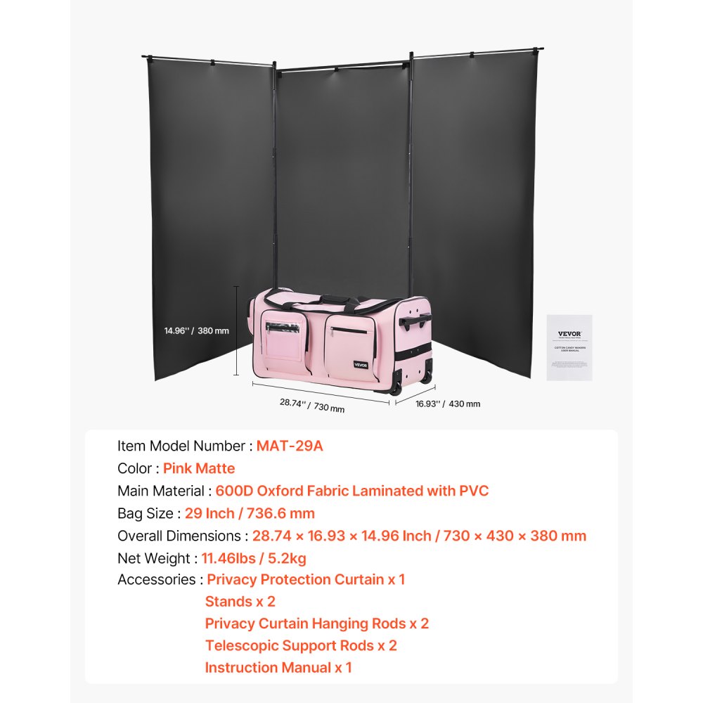 VEVOR 29 Inch Dance Bag with Garment Rack Rolling Duffle with Curtain Matte Pink