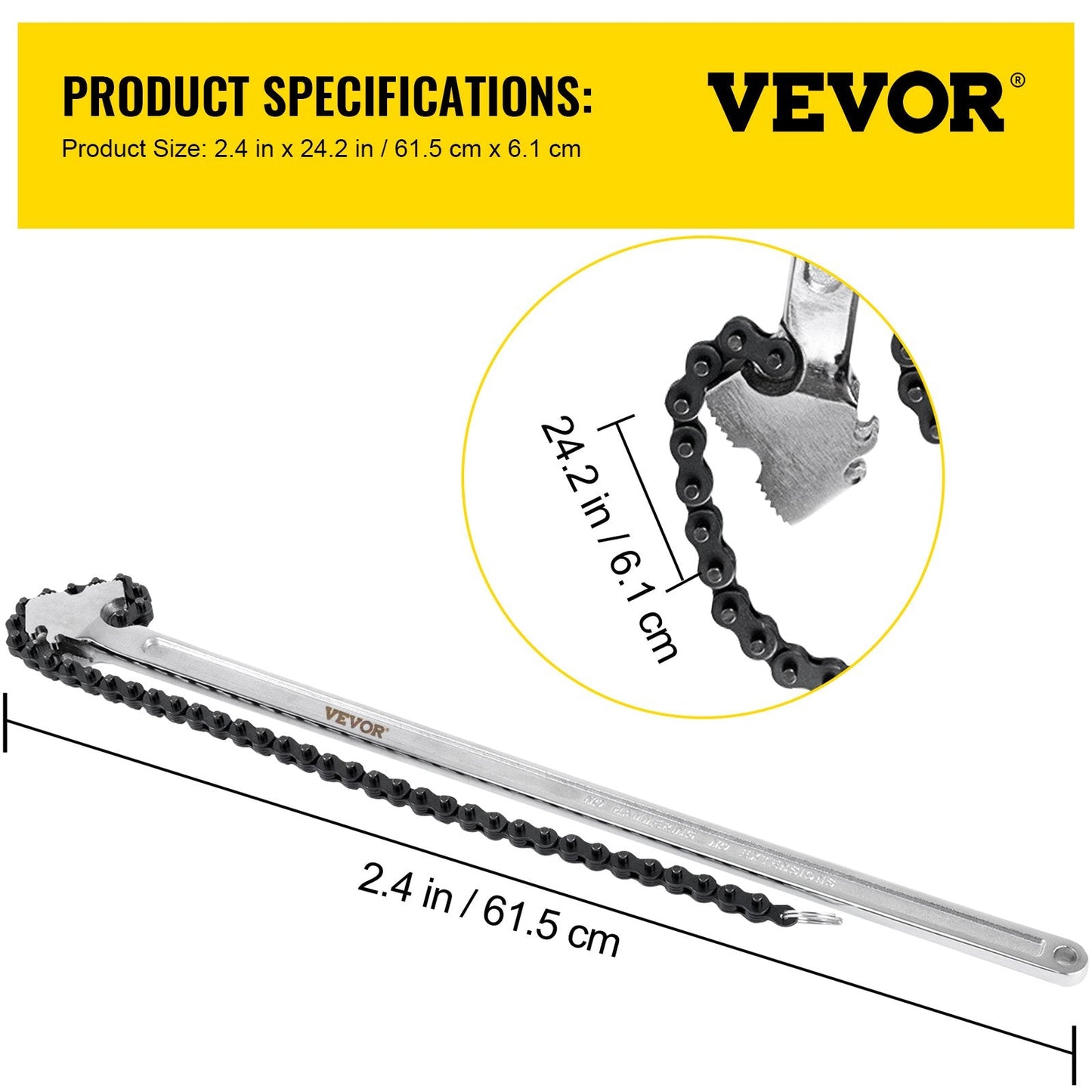24m Heavy Duty Carbon Steel Chain Pipe Wrench, 170mm Diameter Capacity