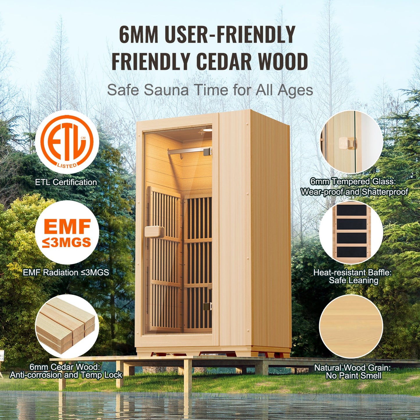 VEVOR Far Infrared Wooden Sauna, Room Home Sauna Spa for One Single Person, Low