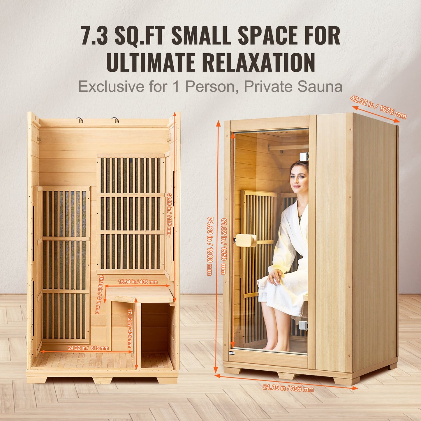 VEVOR Far Infrared Wooden Sauna, Room Home Sauna Spa for One Single Person, Low