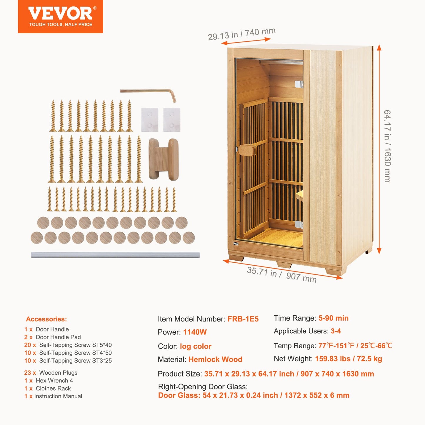 VEVOR Far Infrared Wooden Sauna, Room Home Sauna Spa for One Single Person, Low