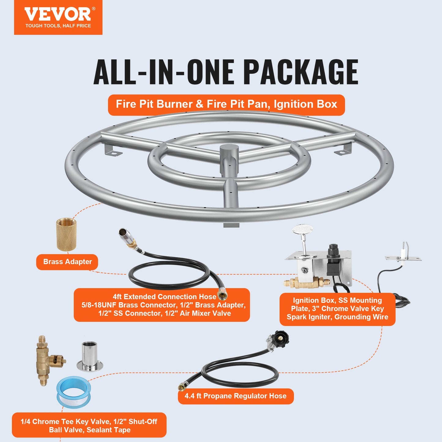 VEVOR 18 inch Round Drop-in Fire Pit Pan, Stainless Steel Fire Pit Burner Kit, Natural