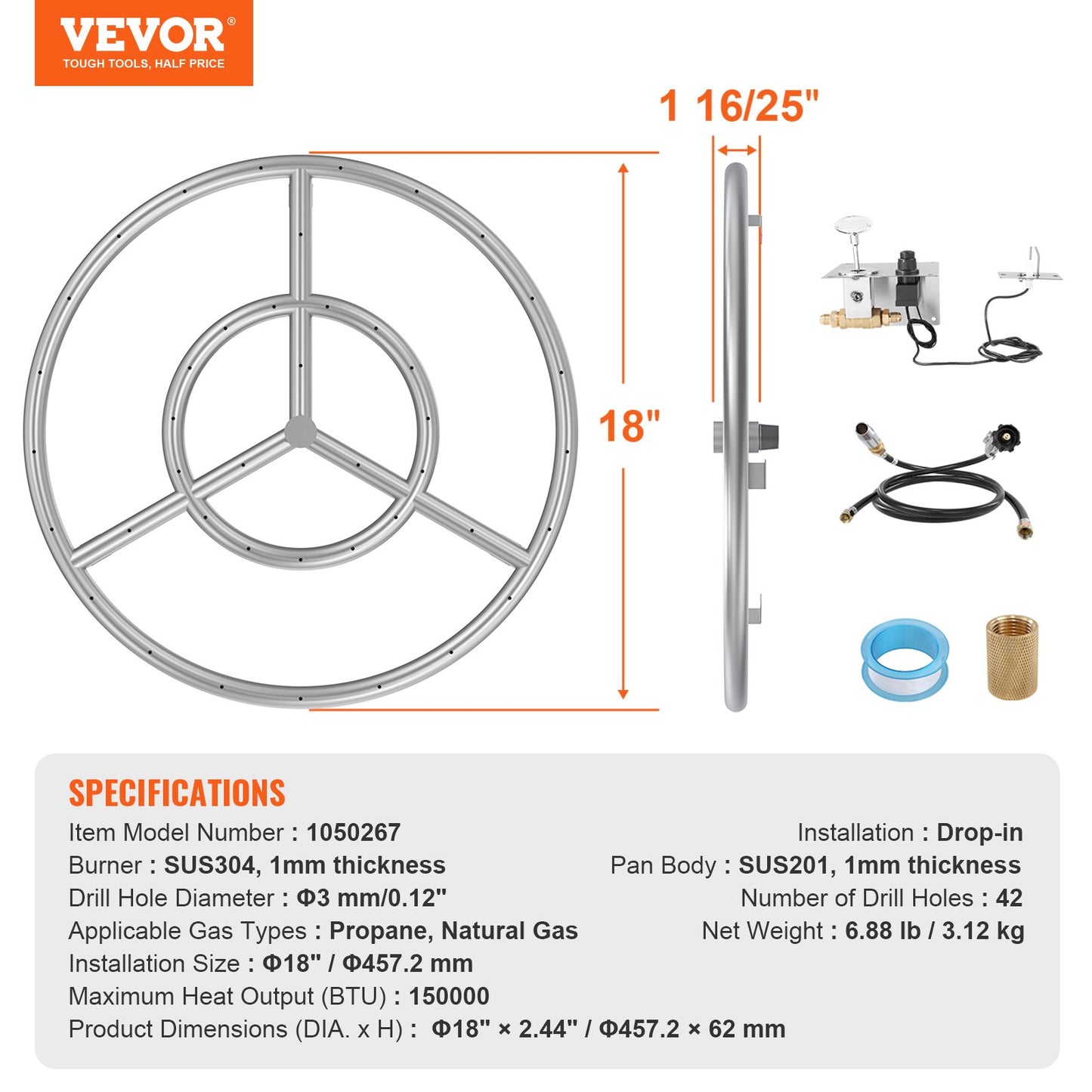 VEVOR 18 inch Round Drop-in Fire Pit Pan, Stainless Steel Fire Pit Burner Kit, Natural