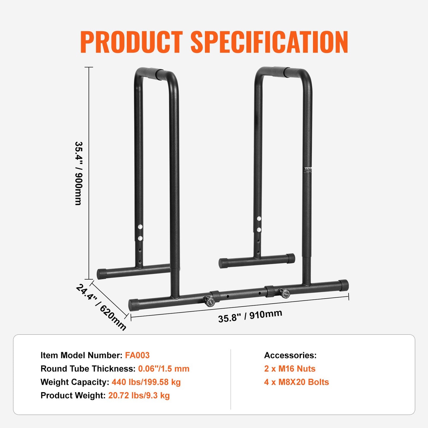 VEVOR Dip Bar, 200 kg Capacity, Heave Duty Dip Stand Station with Adjustable Height,