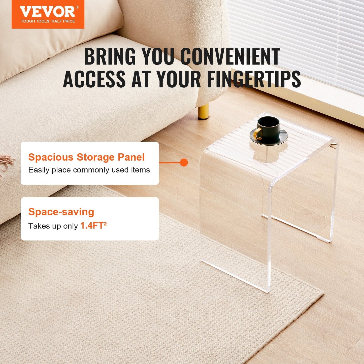 Set of 2 Clear Acrylic C-Shaped Side Tables for Living Room, Bedroom, Study