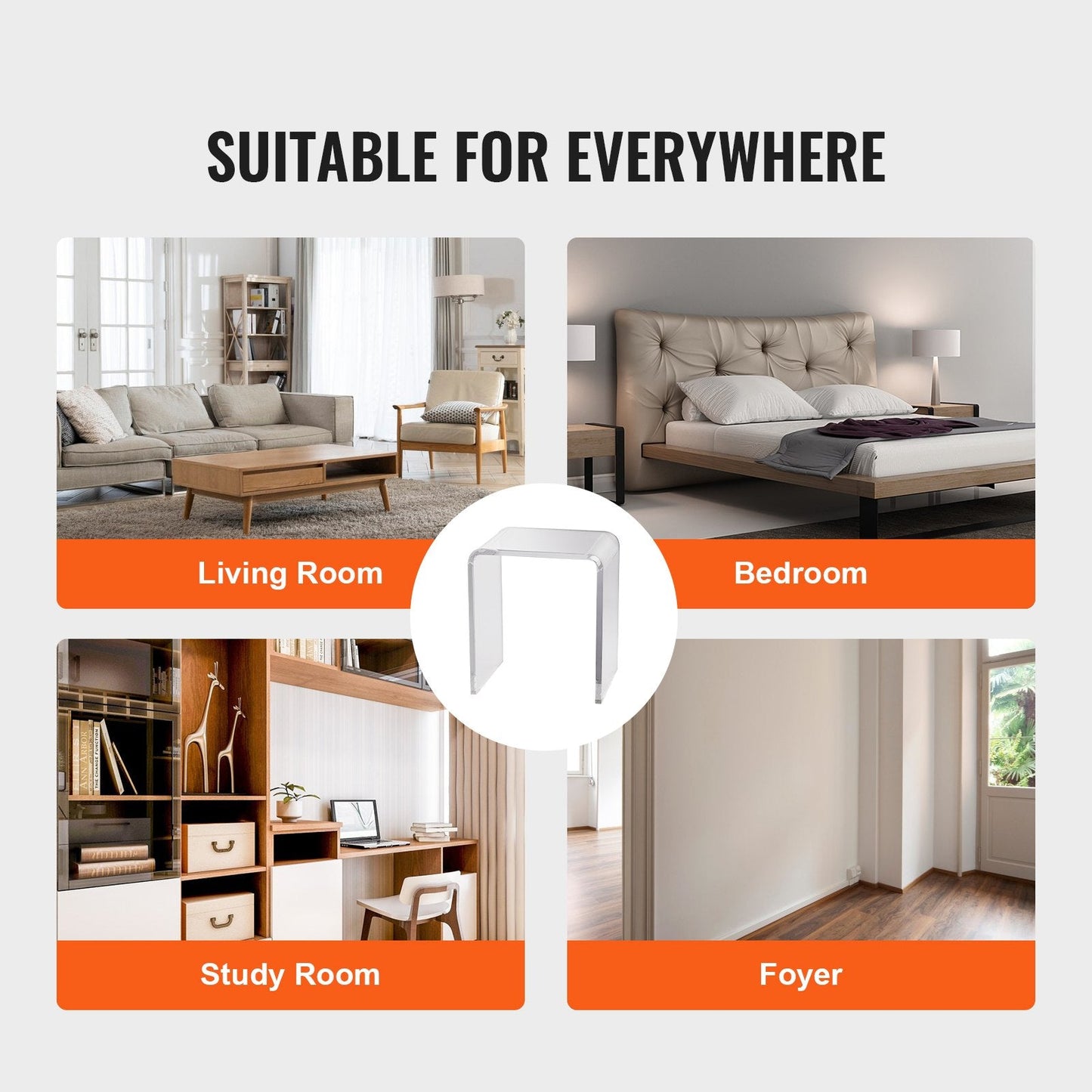 Set of 2 Clear Acrylic C-Shaped Side Tables for Living Room, Bedroom, Study