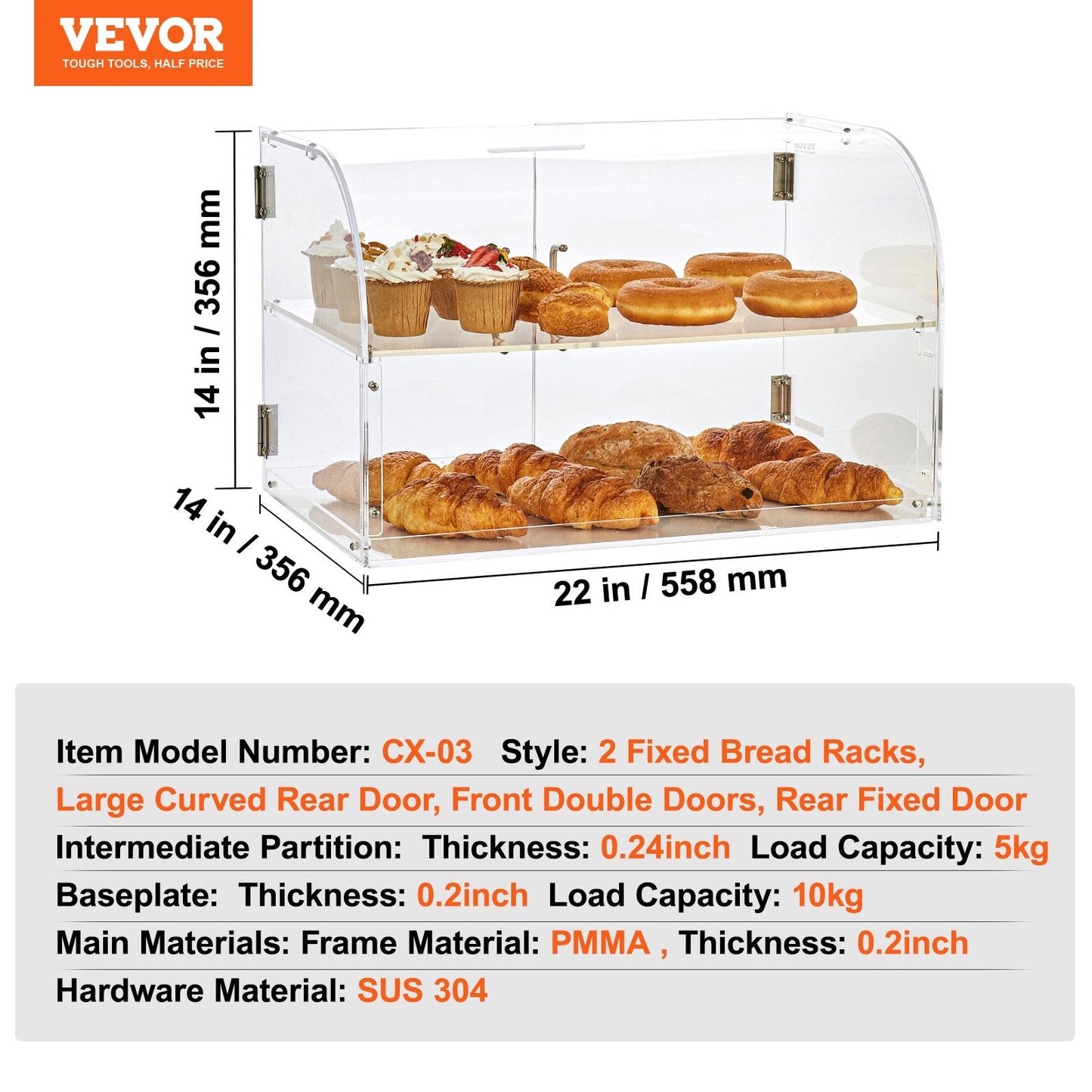 2-Tier Acrylic Bakery Display Case with Rear Door & Removable Shelves