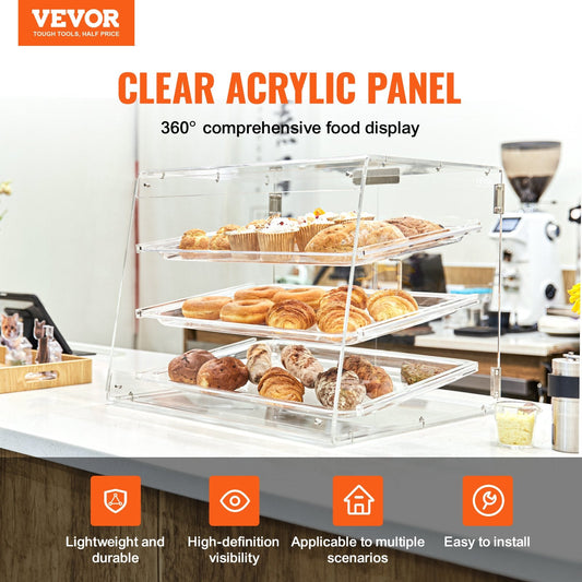 Transparent acrylic bakery display box showcases cakes, cookies, bagels, and donuts from every angle