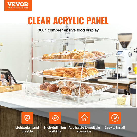 VEVOR Pastry Display Case, 3-Tier Commercial Countertop Bakery Display Case, Acrylic