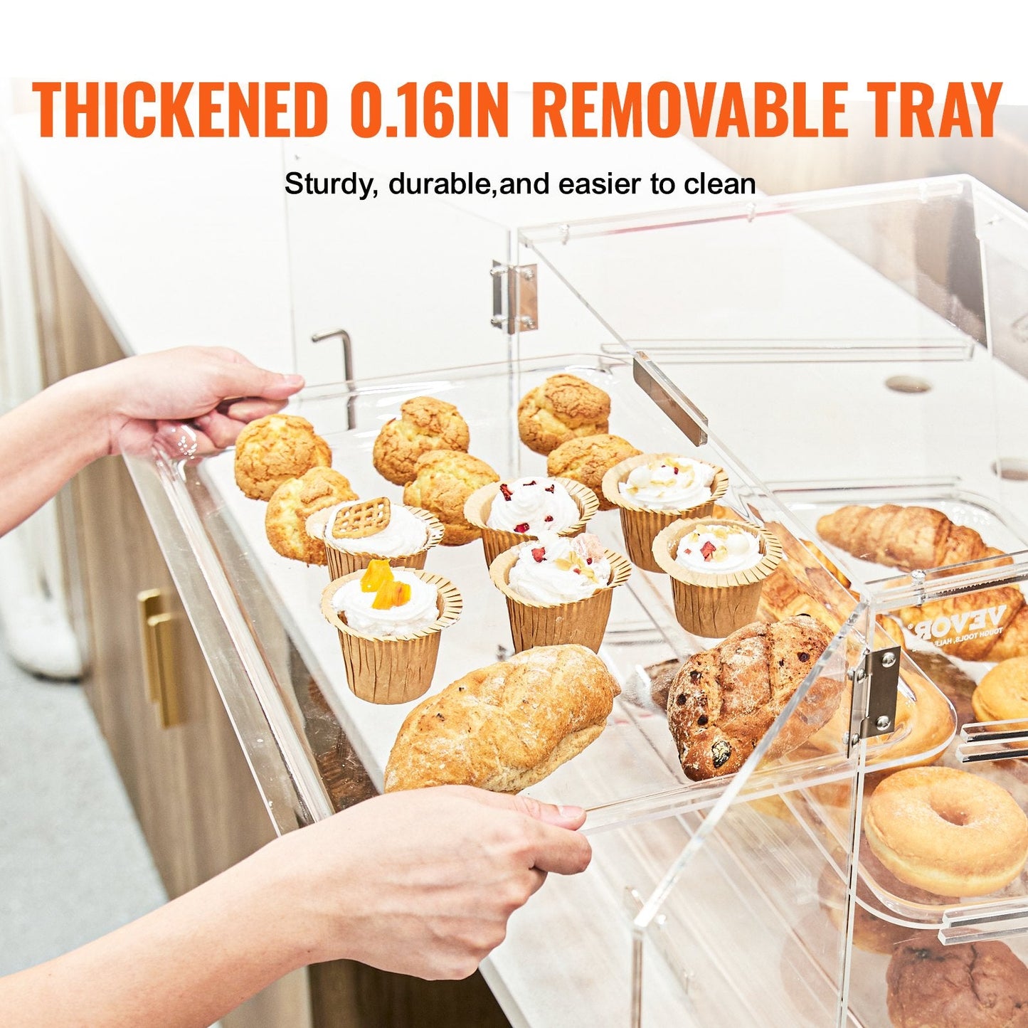 3-Tier Acrylic Pastry Display Case with Magnetic Rear Door & Removable Shelves