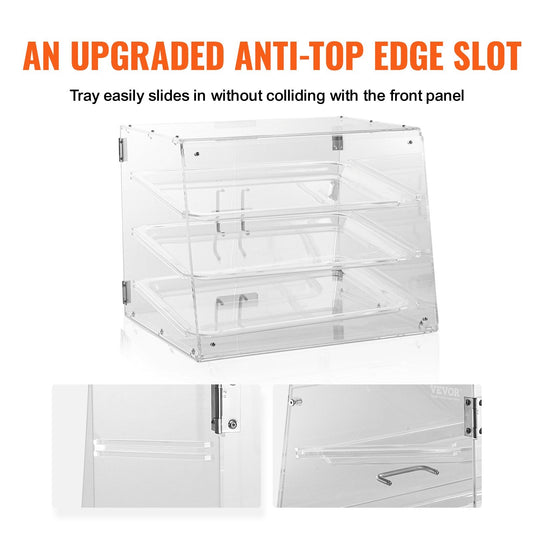 3-Tier Acrylic Pastry Display Case with Magnetic Rear Door & Removable Shelves