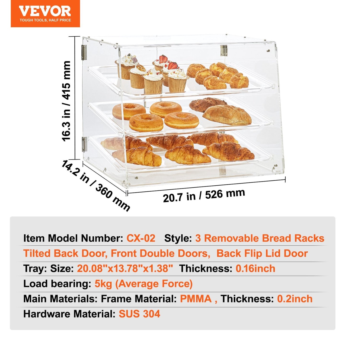 3-Tier Acrylic Pastry Display Case with Magnetic Rear Door & Removable Shelves