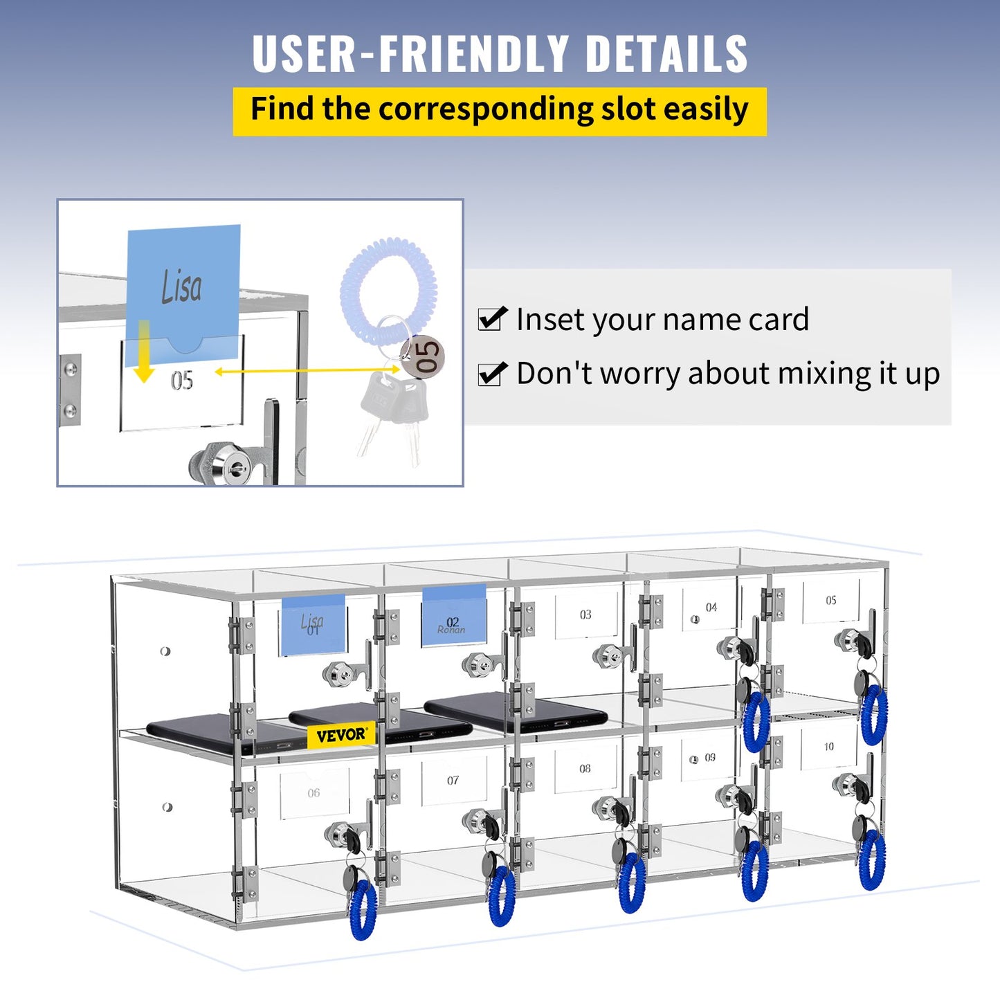 VEVOR Cell Phone Storage Locker, 10 Slots Acrylic Material with Door Locks and Keys,