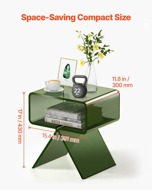 Acrylic Nightstand Side Table, Modern Clear Bedside Table with Storage Shelf, Transparent Small End Desk for Living Room, Bedroom, Home Decor, No Assembly Needed, 30 x 39.1 x 43 cm (Green)
