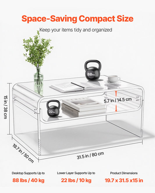 Acrylic Coffee Table, 2 Tiers Center Table with Storage Shelf, Modern Rectangle Acrylic Coffee Desk, Ideal for Dining Room, Kitchen Island, Restaurant, Office, 50 x 80 x 38 cm (Clear)