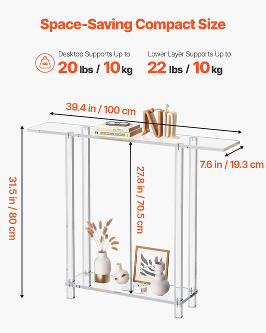 Acrylic Console Table, 2 Tiers Narrow Side Desk with Bottom Open Storage, Modern Rectangle Acrylic End Table, Transparent Entry Desk for Foyer, Hallway, Living Room, 19.3 x 100 x 80 cm (Clear)