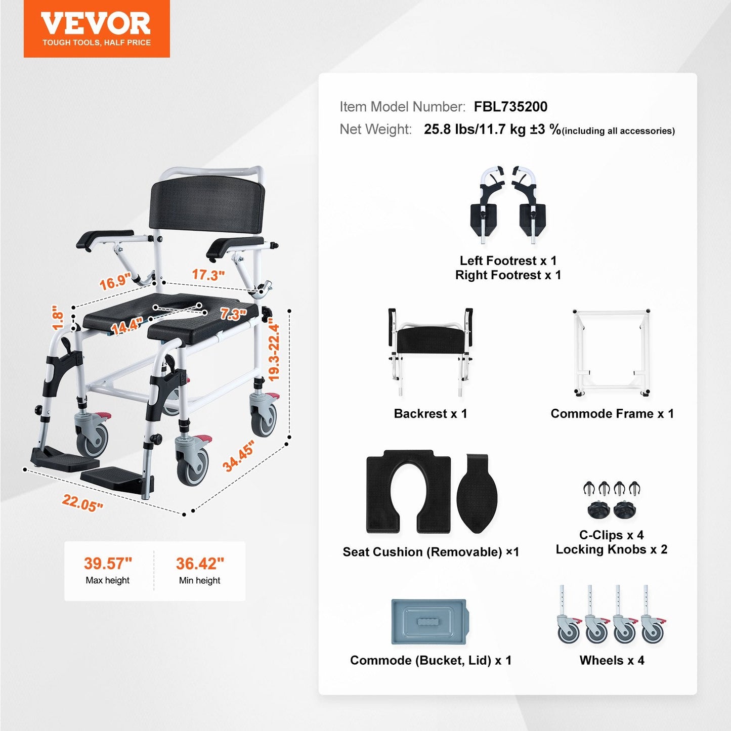 Adjustable Shower Commode Wheelchair with Lockable Wheels and Removable Bucket