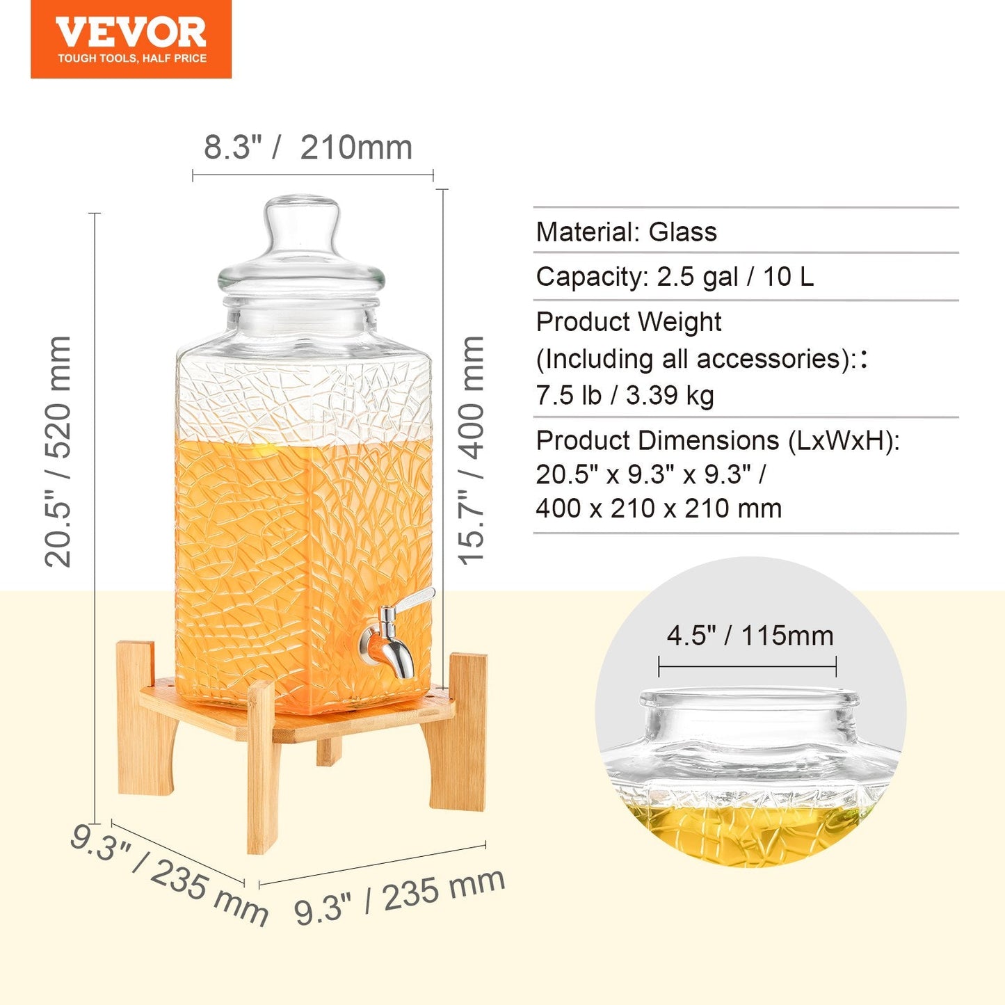 Glass Beverage Dispenser with Stand, 10L Capacity for Parties and Events