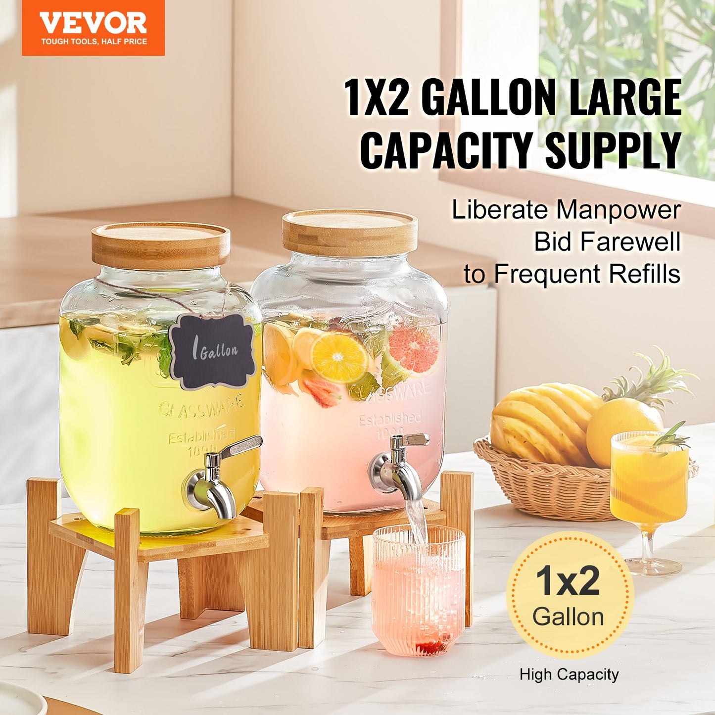 VEVOR Beverage Dispenser, 1 Gallon Drink Dispensers for Parties, Glass Juice Dispenser