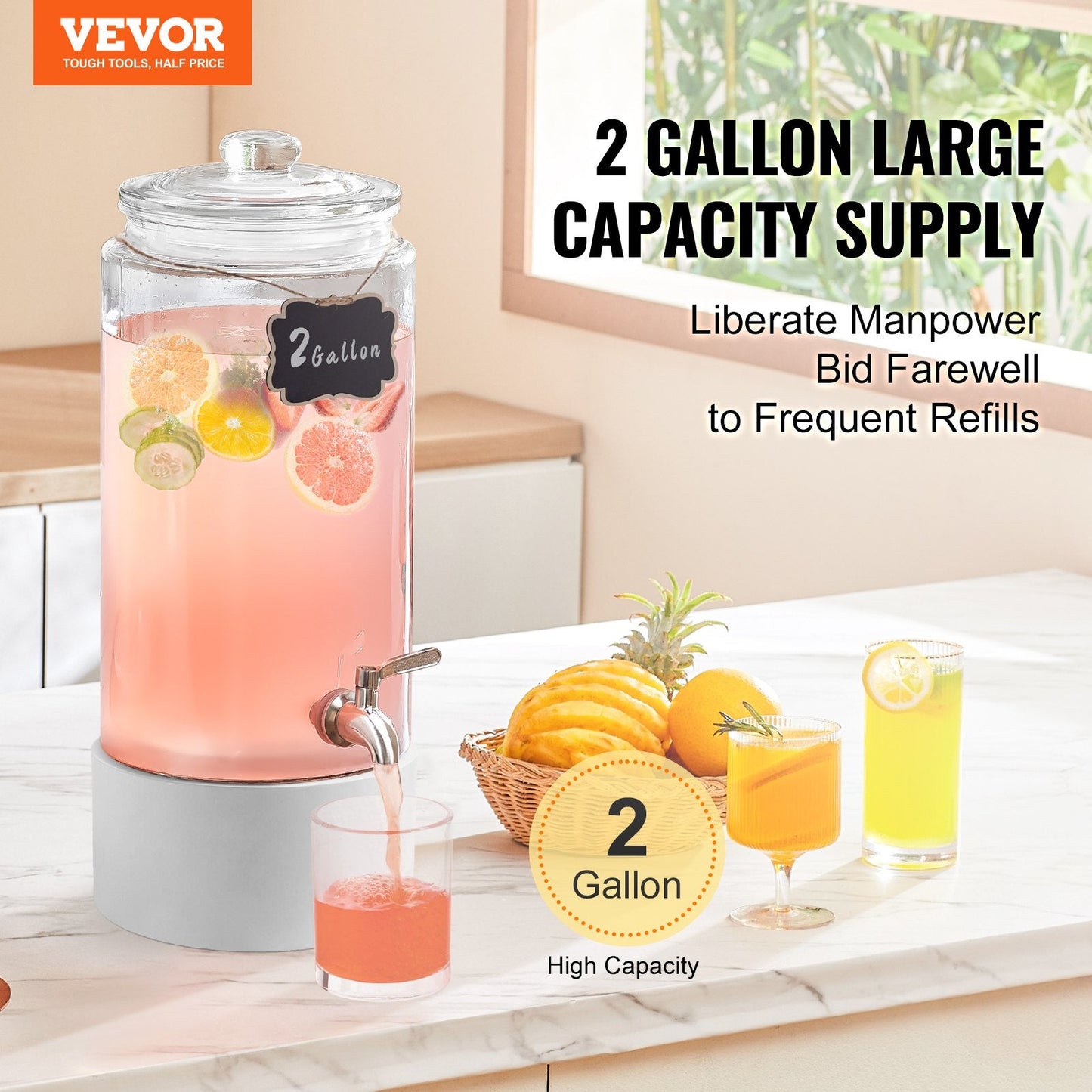 2 Gallon Glass Beverage Dispenser with Stainless Steel Spigot for Events