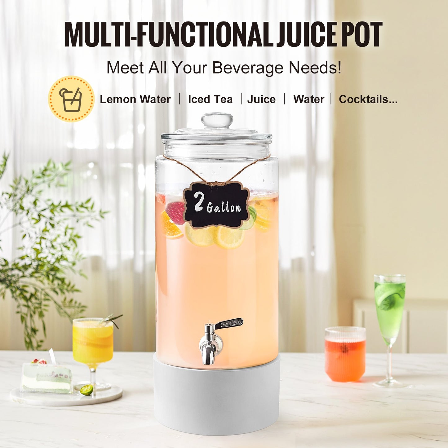 VEVOR Beverage Dispenser, 2 Gallon Drink Dispensers for Parties, Glass Juice Dispenser