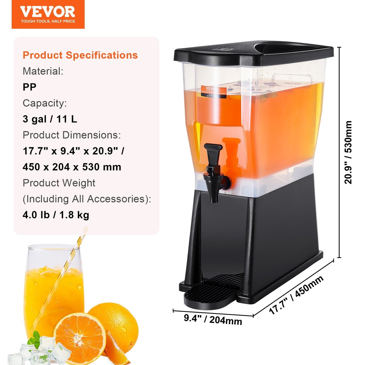 3-Gallon Plastic Drink Dispenser with Stand for Parties and Events, 11L Capacity