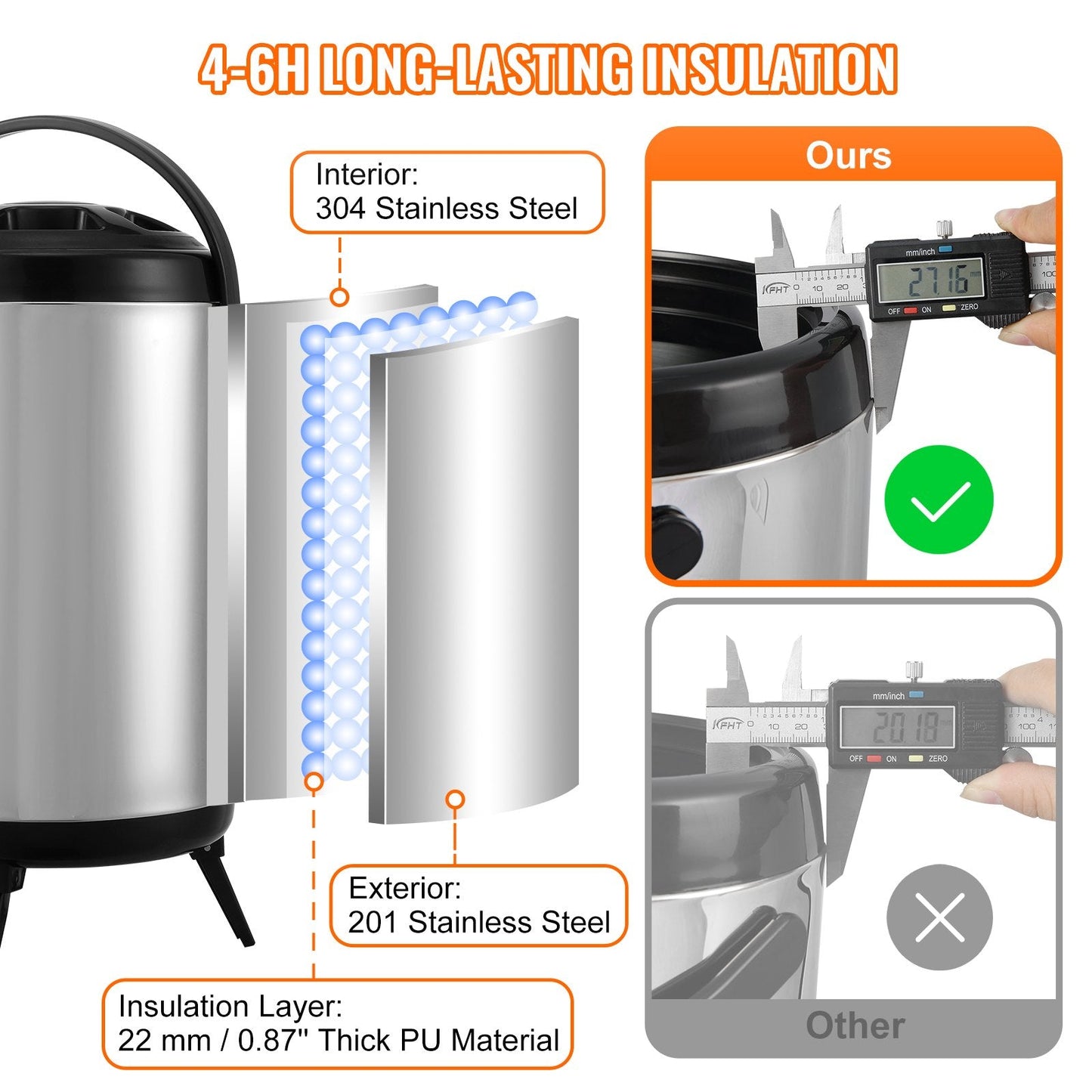 Stainless Steel 7.6L Thermal Beverage Dispenser with Spigot for Hot/Cold Drinks