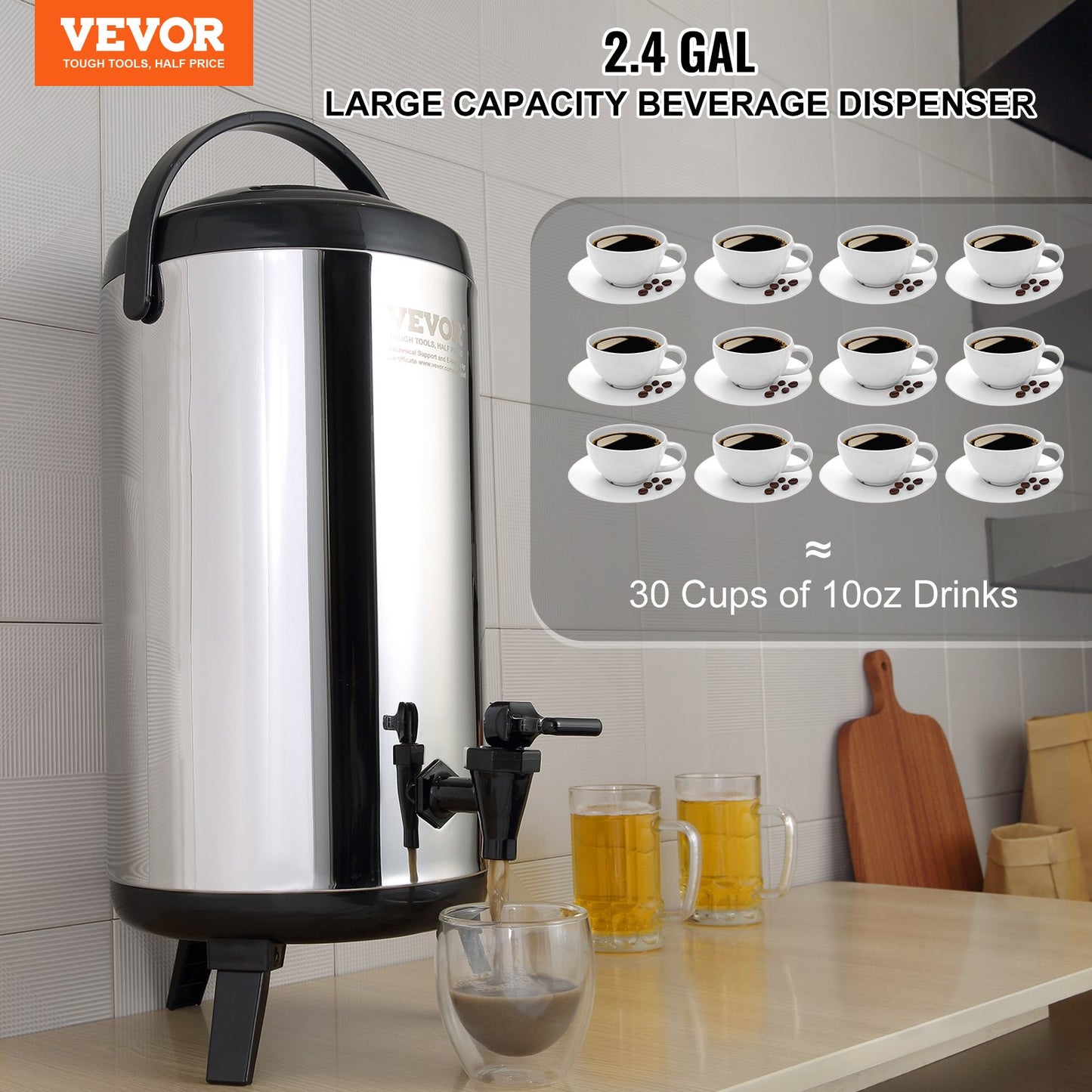 VEVOR Stainless Steel Insulated Beverage Dispenser, 9.2 Liter, Thermal Hot and Cold