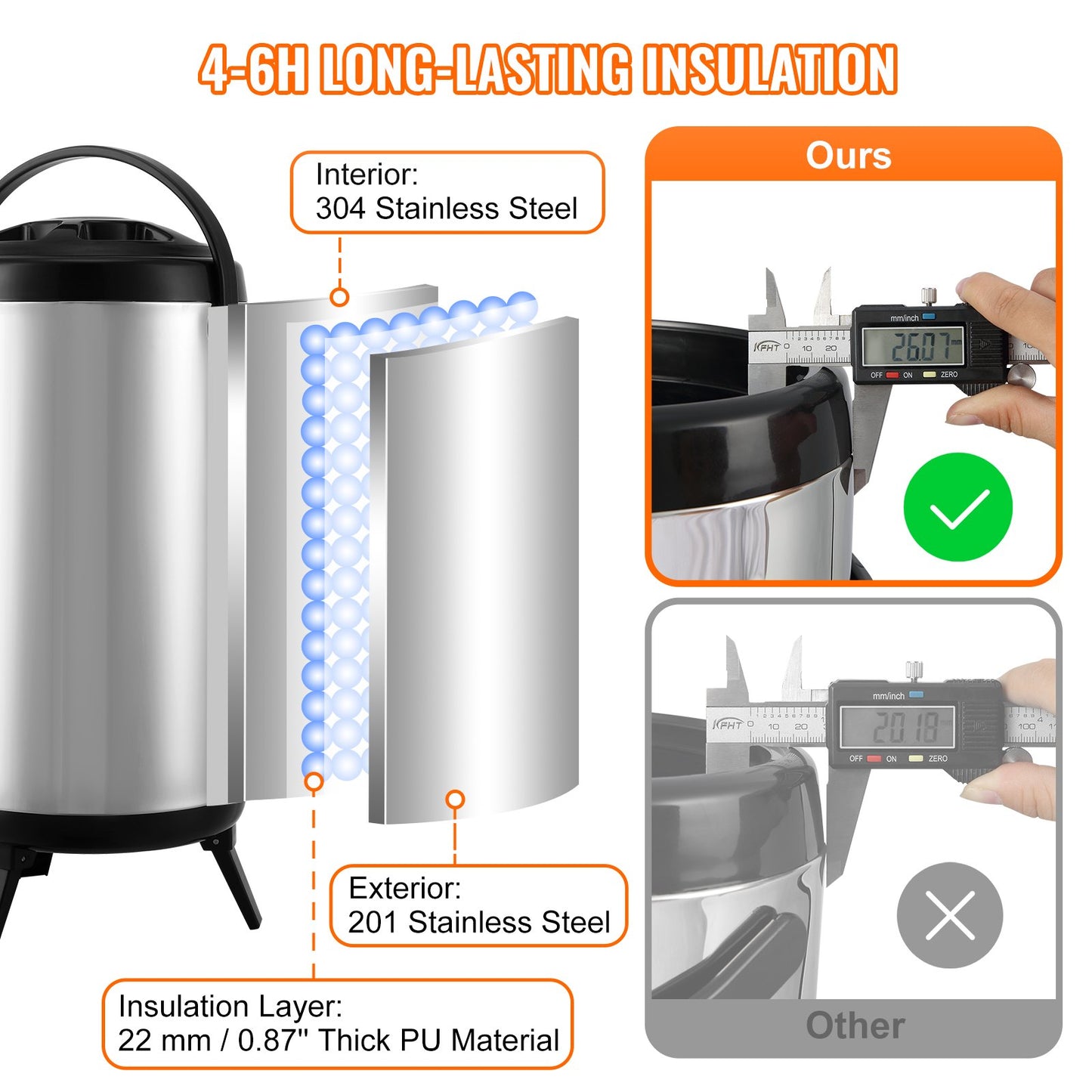 VEVOR Stainless Steel Insulated Beverage Dispenser, 9.2 Liter, Thermal Hot and Cold