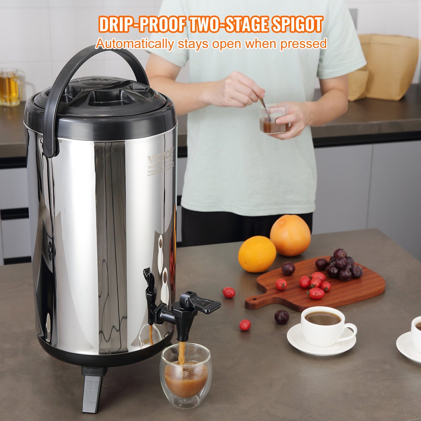 VEVOR Stainless Steel Insulated Beverage Dispenser, 9.2 Liter, Thermal Hot and Cold