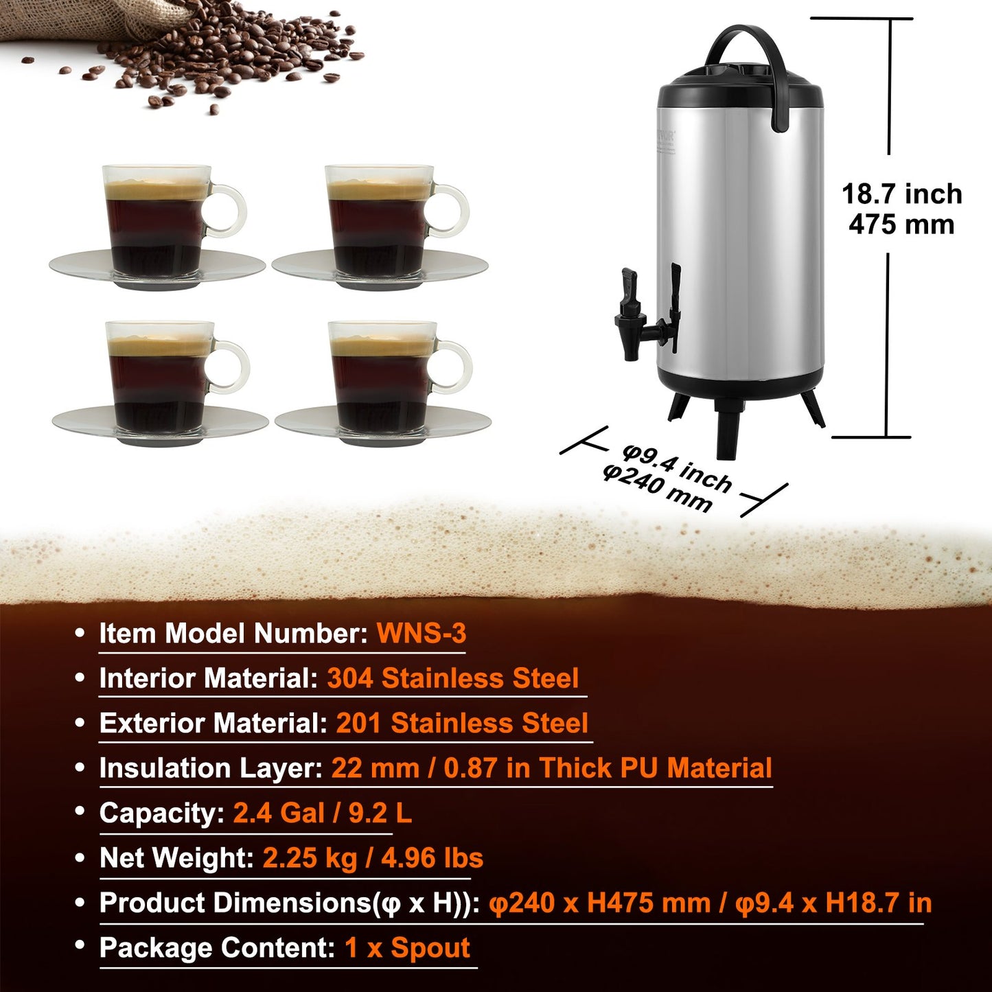VEVOR Stainless Steel Insulated Beverage Dispenser, 9.2 Liter, Thermal Hot and Cold