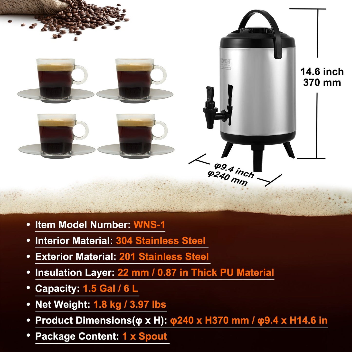 VEVOR Stainless Steel Insulated Beverage Dispenser, 6 Liter, Thermal Hot and Cold